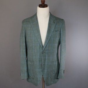 Light Green Wool-Silk-Linen Twill w/ Light Blue Check Sport Coat / UNWORN 38